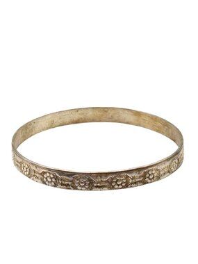 Butterflies and Flowers Bangle Bracelet, Vintage Silver Tone with Repeating